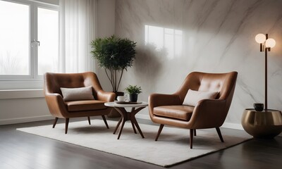 brown lather armchair with a coffee table and a tree on the table