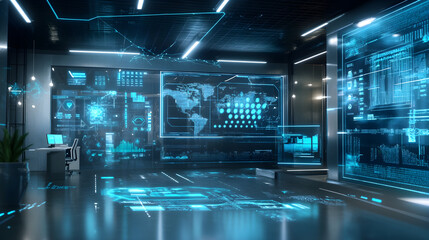 A futuristic office environment featuring holographic displays, high-tech interfaces, and sleek design elements for an innovative workspace
