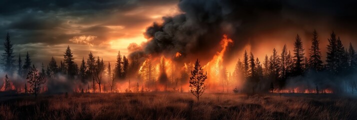 A dramatic scene of a wildfire ravaging a forest as thick smoke rises into the twilight sky, highlighting the destructive power of nature and the urgency of environmental conservation.