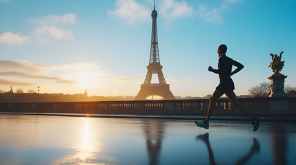 Man training outside in Paris City with beautiful view on Eifel Tower - symbol of Paris.