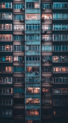 A high-rise apartment building with illuminated windows in a bustling city, showcasing urban life during twilight hours