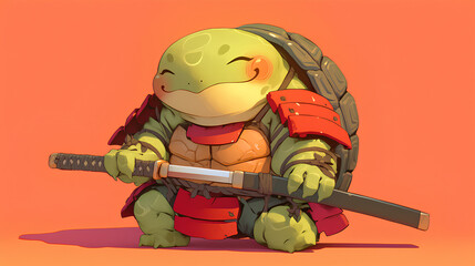 Cute turtle wearing Japanese samurai armor, cool poses, cute kawaii, simple, smiling happy. neon psychedelic background