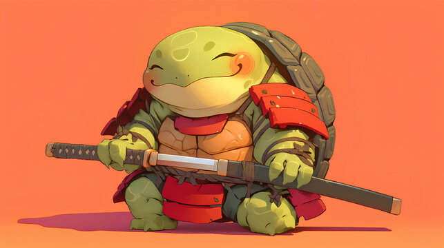 Cute turtle wearing Japanese samurai armor, cool poses, cute kawaii, simple, smiling happy. neon psychedelic background