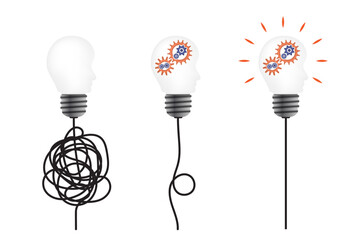 Head shape lightbulb set with 3d gear, cable knot. Problem solving, complex business process resolving concept vector design with 3d cogwheel lightbulb, wire.