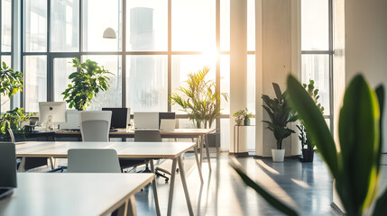 Fototapeta premium A modern office space with large windows allowing natural light, featuring minimalistic furniture and green plants for a fresh atmosphere