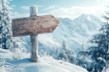 Fototapeta premium Wooden Signpost in Snowy Mountain Landscape