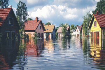 Obraz premium A Village Submerged: Homes Bathed in the Rising Waters