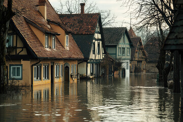 Fototapeta na wymiar A Silent Flood: Waterlogged Homes in a Quaint Village, Reflecting the Harsh Reality of Nature's Fury.