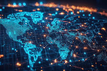 Fototapeta premium A Digital World Map: Connecting Continents with Lines of Light and Information.