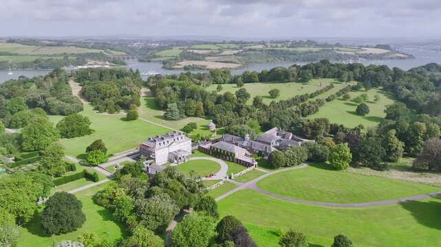 Antony House from a drone, Woodland Garden and Woodland Walk, Torpoint, Cornwall, England