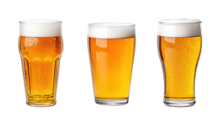 Three different glasses of beer showcase diverse colors and textures, perfect for beverage marketing and pub promotions.