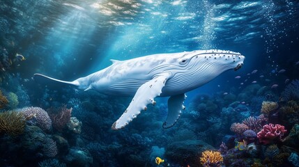 Fototapeta premium A white humpback whale glides through colorful reefs, embodying the ocean's beauty and tranquility.
