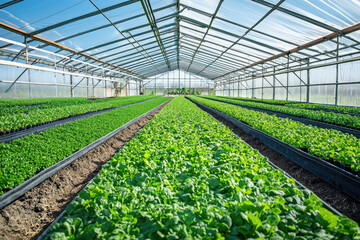 Rows of lush, green seedlings thrive under a transparent greenhouse roof, showcasing sustainable farming practices.