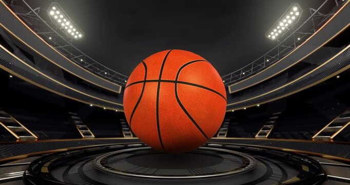 Golden shining sports arena for champions with rotating basketball ball and glowing floodlights in endless loop. Professional 4k video for sport event advertisement.
