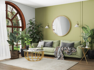 3d render modern home  living room with green sofa, mirror on the wall , coffe table and a lot of plants on green interior background