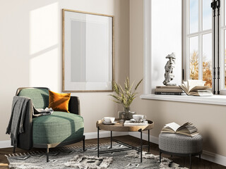 Cozy home interior with wooden furniture and green armchair on light background,   wall frame mockup in boho, modern decoration, 3d render