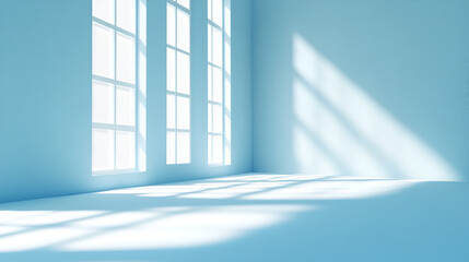 Minimalistic abstract gentle light blue background for product presentation with light and intricate shadow from window on wall.