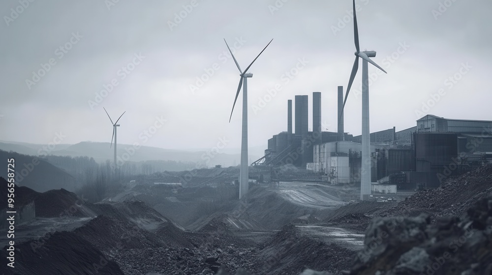 Poster wind turbines stand against the backdrop of abandoned coal mines and factories, symbolizing the shif