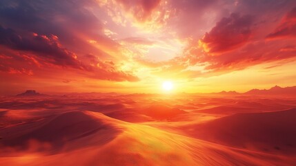 Fototapeta premium fiery desert sunset with the sun hanging low in the sky, casting vibrant hues of orange and red over the expansive, golden sands