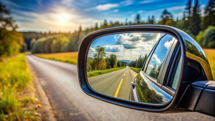 Close up of a car rear view mirror reflecting the road behind , car, rear view, mirror, reflection, vehicle, transportation