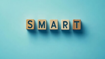 Obraz premium Colorful wooden blocks spell the word 'SMART' on a vibrant blue background. Ideal for educational or motivational themes.