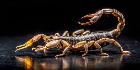 Fototapeta premium Scary scorpion crawling on a dark black background, predator, venomous, arachnid, dangerous, wildlife, insect, creepy, stinger