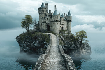 Naklejka premium A Majestic Stone Castle Perched Atop a Misty Island, Beckoning Travelers with Its Ancient Charm.