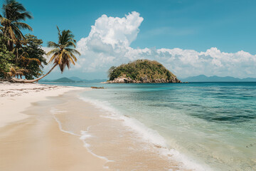 Fototapeta premium A serene tropical island paradise with a pristine white sand beach, clear turquoise waters, and lush greenery under a vibrant blue sky.