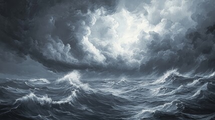 Fototapeta premium stormy sky above a choppy ocean, with dark, dramatic clouds contrasting against the frothy waves, creating a powerful and dynamic seascape