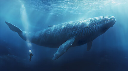 Fototapeta premium A majestic blue whale gracefully gliding through the open ocean, its massive body dwarfing a nearby diver, who is awe-struck by the sheer size and power of the gentle giant.