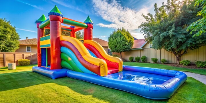 Colorful plastic playground equipment in a sunlit park, with children enjoying slides, swings, and other outdoor fun