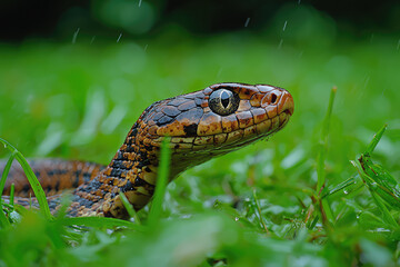 Obraz premium A venomous snake peeks through the lush green grass, its scales glistening in the falling rain, a captivating display of nature's beauty and danger.