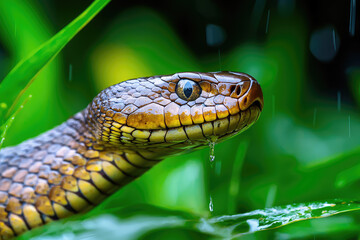 Obraz premium A venomous snake, its scales glistening with raindrops, peers out from lush foliage, a single droplet hanging precariously from its jaw.