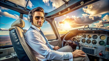 Solo aviator sits confidently in cockpit, grasping control yoke, surrounded by sleek aircraft instruments and modern avionics, ready for takeoff in the blue sky.