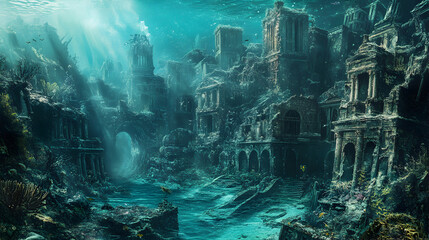 Naklejka premium A sunken city, once thriving and now lost to the ocean, with crumbling buildings covered in coral and seaweed, and a diver exploring the remnants of a civilization long forgotten.