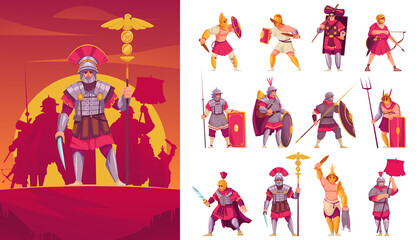 Hand drawn flat roman soldier icons with illustration set