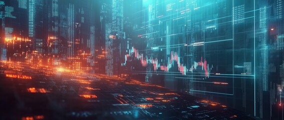Dynamic stock market represented by a futuristic cityscape with glowing lights and digital data streams