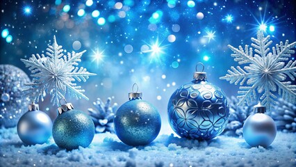 Sparkling snowflakes and shimmering ornaments dance across a vibrant blue background, set against a majestic winter wonderland scene, capturing the magic of the Christmas season.