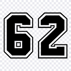 Sketch numbers for cutting or print.
Sport jersey number 62 vector black color template isolated.