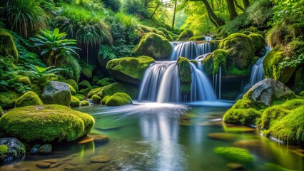 Fototapeta premium Sparkling water flows from a natural spring, surrounded by lush greenery and moss-covered rocks, creating a serene and refreshing oasis in the heart of nature.