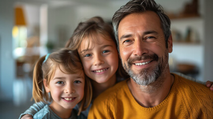 Obraz premium Father is sitting on a couch at home with his two daughters, hugging and smiling