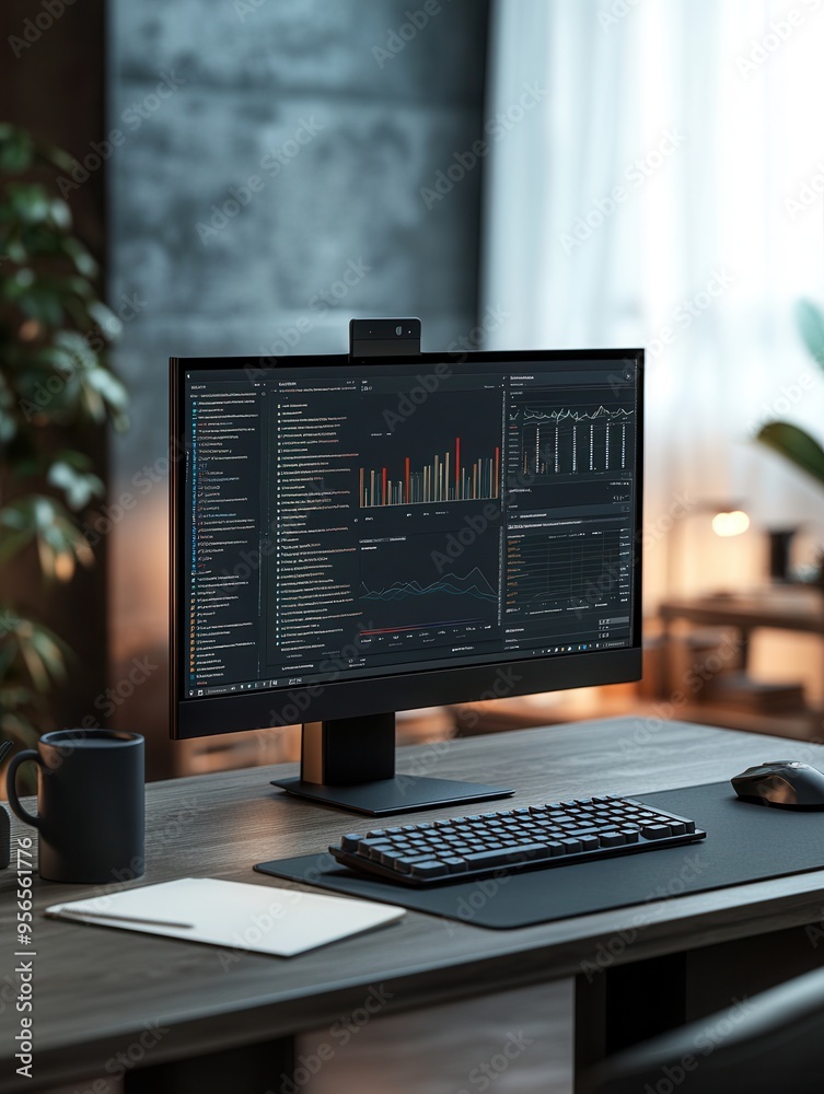 Fototapete A focused expert works intently at a well-organized desk, analyzing data on a large monitor while sipping coffee. Generative AI