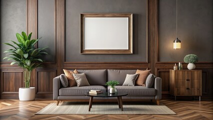 Living room wall art mockup on gray wall with a wide horizontal dark wood frame in brown , interior design