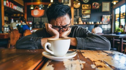 Stressed businessman sitting in a cafe during a work break, receiving bad news and experiencing anxiety, reflecting on challenges in the workplace, stress, and mental health