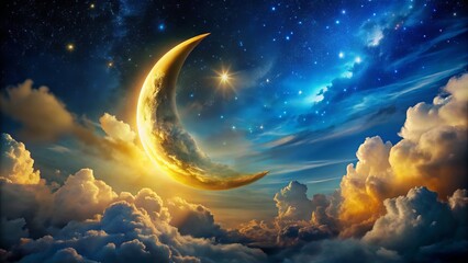 Swirling clouds of blue and gold surround a vibrant crescent moon, set against a backdrop of twinkling stars in a dreamy, whimsical night sky.