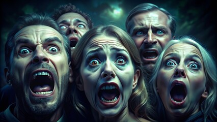 Obraz premium Terrified individuals, eyes wide with fear, mouths agape in horror, flee in panic as darkness consumes them, frozen in a moment of abject terror.