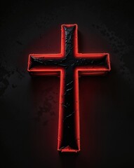 Illuminated Neon Cross Glowing in the Darkness With Reflective Surface. AI.