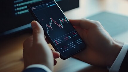Stockbroker is studying cryptocurrency charts on a mobile app in his workplace