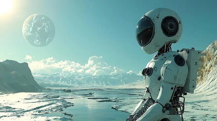 A contemplative robot gazing at a distant planet, set against a stark alien landscape.