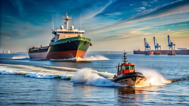 A pilot boat speeding through the water near a large ship, pilot boat, captain, navigation, maritime, transportation, safety, water